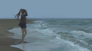 動漫女孩穿著校服，赤腳站在有海浪的海灘上。