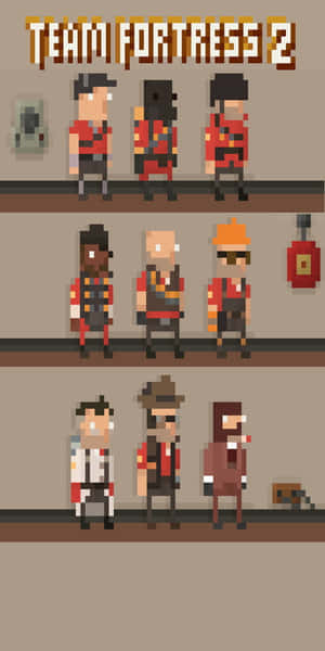 《Team Fortress 2》像素藝術角色在米色牆前排成行。 — Pixel 3 壁紙