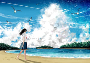 穿著校服的女孩在海灘上赤腳行走，海鷗在頭頂飛翔。