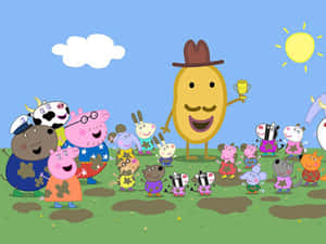 Peppa Pig 和朋友們在陽光明媚的田野裡與一個拿著獎盃的巨大馬鈴薯角色一起慶祝。