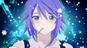 紫髮藍眼的動漫女孩在雪白的冬日場景中。