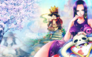 動畫角色路飛和漢考克在櫻花下，帶有鬼影和骷髏。 — 波希米亞美學動圖 壁紙