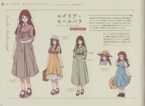 Luculia Mariborough的動畫角色設計表，展示四種服裝變化和年齡階段。 — 花卉動畫 壁紙