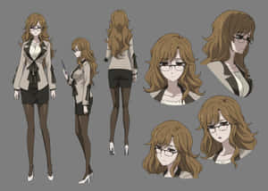 棕色頭髮、戴眼鏡、穿著商務服裝的動畫角色，從多個角度展示。 — 中野三玖 壁紙