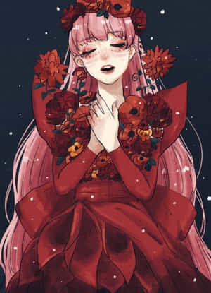 粉紅髮動漫女孩穿紅色花卉裙在星空下合手