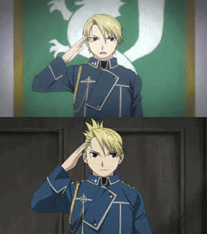 身穿藍色軍服的動畫士兵嚴肅敬禮。 — Honor Magic V 壁紙