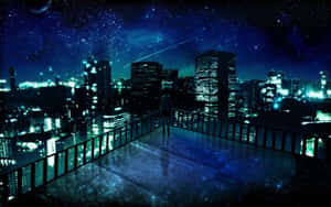 人站在屋頂上，凝視著星空下閃爍的城市和流星。 — 雨 壁紙