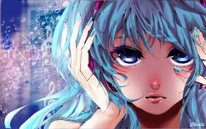 藍髮藍眼的動漫少女被漂浮的音樂符號包圍。