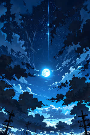 滿月透過烏雲發光，電線剪影映襯在星光閃爍的藍色夜空上 — 星星 壁紙