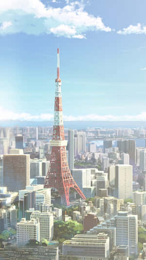 東京塔在清澈藍天和零星白雲下，升起於密集的城市之上。