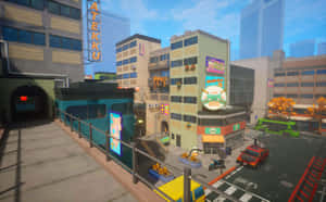 動漫城市街道，色彩繽紛的建築物和秋天的樹木，在明亮的天空下。