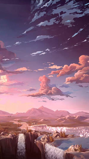 粉紫色黃昏天空下，閃爍瀑布的山谷。 — 美學手機GIF 壁紙