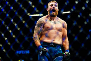 留鬍子的MMA拳手在明亮的八角籠中慶祝勝利。