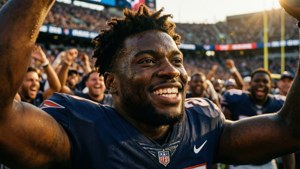 足球運動員在體育場與隊友在日落時分慶祝勝利。