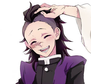 動漫角色笑著，手放在頭上，穿著紫色制服