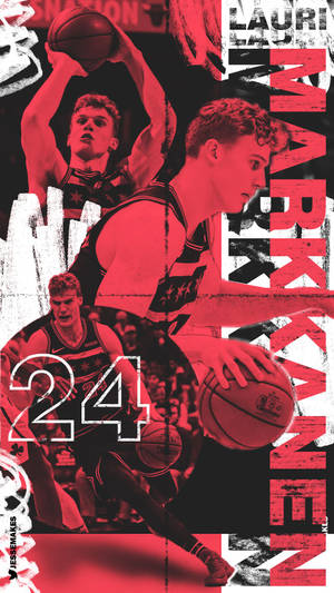 籃球運動員Lauri Markkanen的紅黑動作拼貼畫，帶有24號。