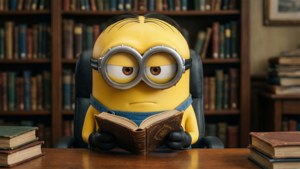一個黃色Minion喺圖書館嘅枱前讀書。