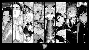 八個漫畫風格的動漫角色以垂直面板顯示，表情各異。 — 武士Champloo 壁紙