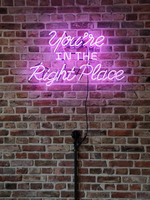 磚牆上寫著 You're IN THE Right Place 的紫色霓虹燈牌。