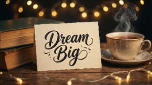 一張寫著「Dream Big」的卡片放在一杯冒煙的茶和書旁邊，在仙女燈下。