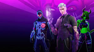 三個穿著霓虹服裝的發光Fortnite角色，背景是黑暗的宇宙。