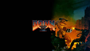 Doom II標誌，帶有惡魔和士兵在星空夜空下戰鬥。