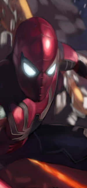 Iron Spider 身穿紅色和銀色戰衣，眼睛發光，正在移動。 — iPhone 15 Pro 壁紙
