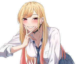 金髮紅眼的動漫女孩微笑著觸摸臉頰。