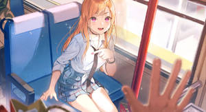 穿著校服的動畫女孩在火車座位上微笑，手向前伸出