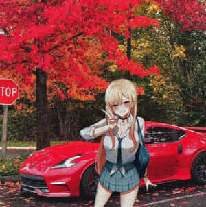 動漫女學生身穿校服，在秋樹下與紅色跑車並排擺姿勢。