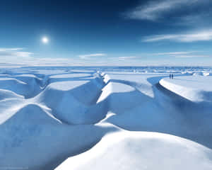 兩個人在明亮的陽光下走過雪丘地帶。
