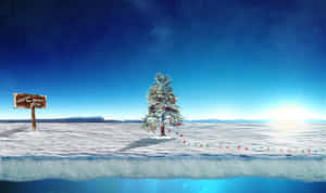 在星空下的雪地裡，一棵裝飾好的聖誕樹和一個歡迎標誌。