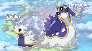 兩隻名為 Shello 和 Gastrodon 的動漫風格海洋生物漂浮在卡通島嶼上方。