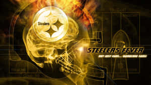 Steelers 粉絲的大腦，帶有發光標誌和火熱黃色的比賽統計數據。