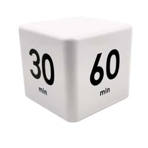 白色立方體計時器，以粗體黑色文字顯示30和60分鐘。