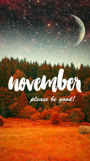 夜晚的秋日森林，有星星、月亮和文字november please be good