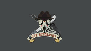 恐怖標誌，戴面具的人物手持電鋸和彎刀，橫幅寫有「Ultimate Slasher」。