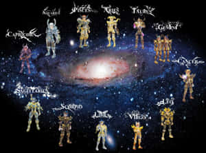 十二位身穿盔甲的星座戰士排列在太空中的螺旋星系周圍。 — 星座 壁紙