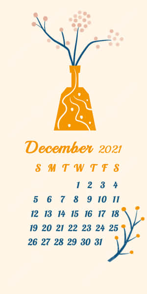 2021年12月月曆，帶有裝飾性樹枝和一個橙色花瓶。