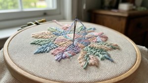 刺繡框與花卉圖案及針的特寫
