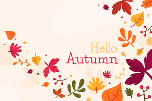 秋葉和漿果在奶油色背景上框住「Hello Autumn」文字。