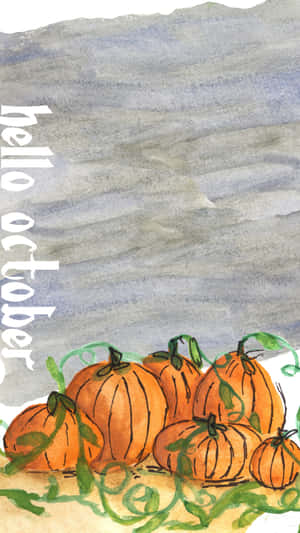 南瓜與綠色藤蔓及 hello october 文字的水彩風格圖像。