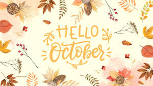 Hello October 問候語，搭配水彩風格的秋葉、松果和漿果。