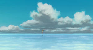 動漫女孩站在雲海上，天空湛藍。