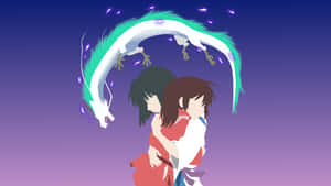 兩個女孩擁抱，發光的龍在暮色中在她們上方彎曲。