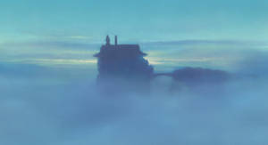 黎明時分從雲層中升起的寺廟，帶有柔和的藍色調。