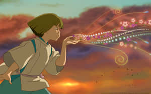 女孩在色彩繽紛的日落天空中吹出發光的花朵，鳥兒飛翔。