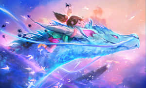 女孩騎著藍龍穿過魔法天空，有發光粒子和下方的鯨魚。 — 日本龍動畫 壁紙