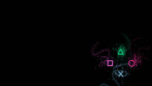 在黑色背景上帶有粒子軌跡的發光PlayStation控制器符號