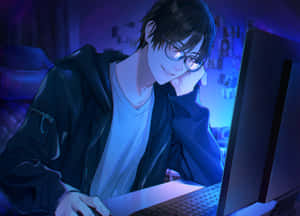 戴眼鏡的動漫男孩在藍色燈光房間裡對著電腦微笑